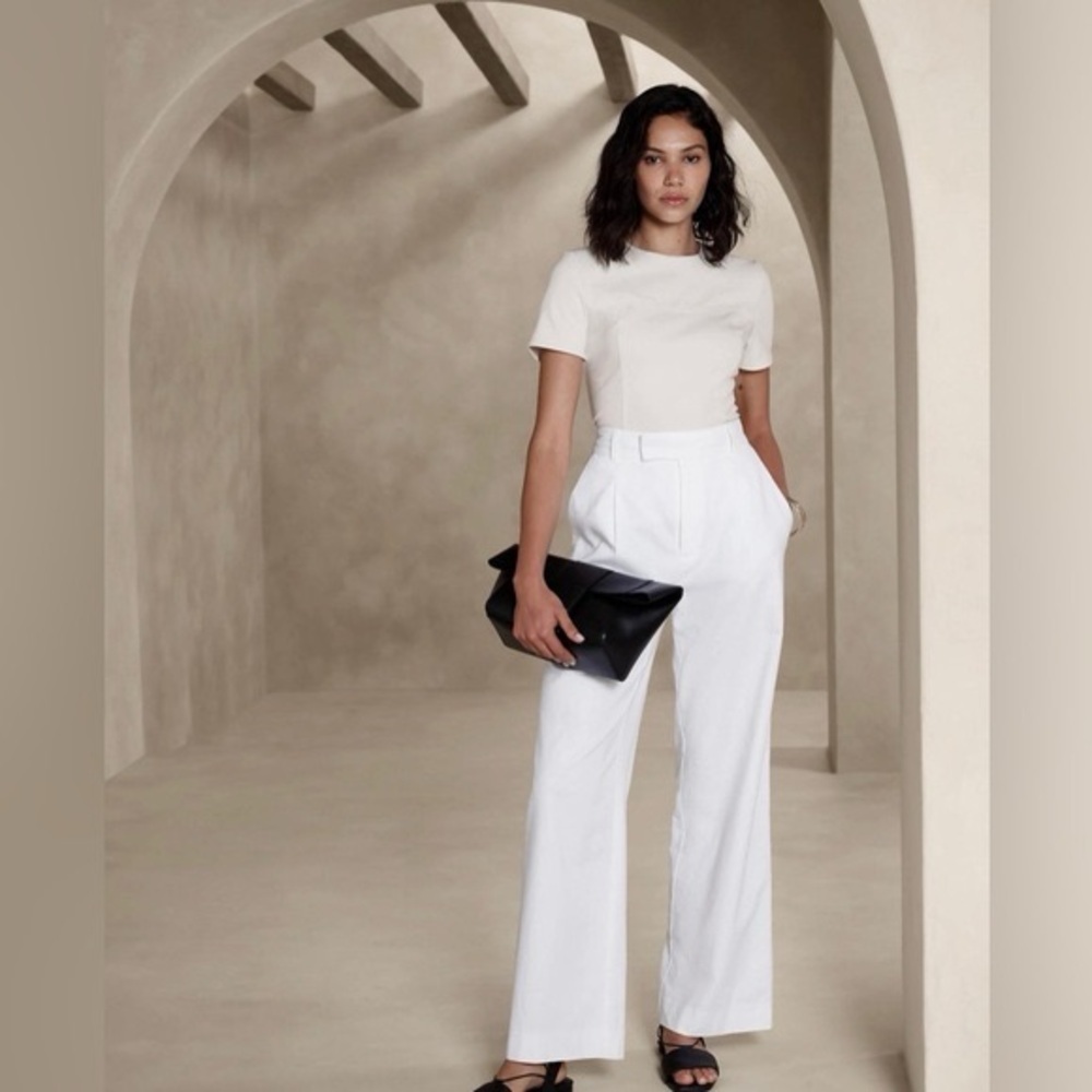 Banana Republic High-Rise Linen-Cotton Wide-Leg Trouser Pants in White, Size 6